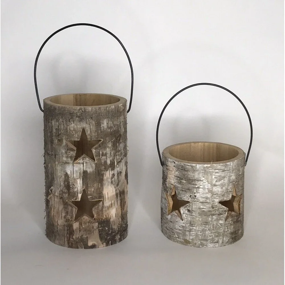 Set of 2 Birch Bark Wood Log Star Cutout Candle Holders Rustic Nature Decor NEW